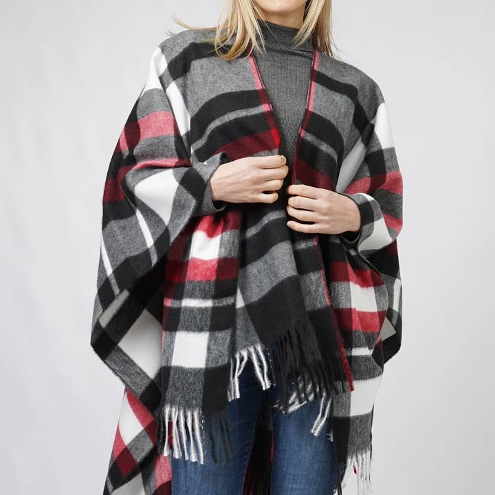 Plaid cape with fringe, last call for wholesale by Pink Panache Brands