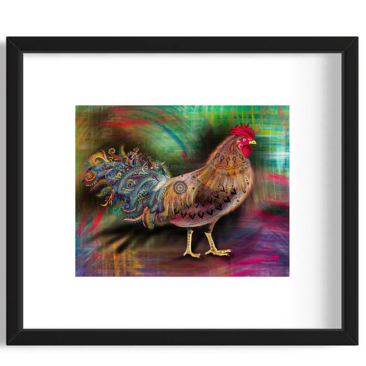Impression artistique sur un coq orné avec des coups de pinceau texturés éclatants pour la vente par The Vela Ranch