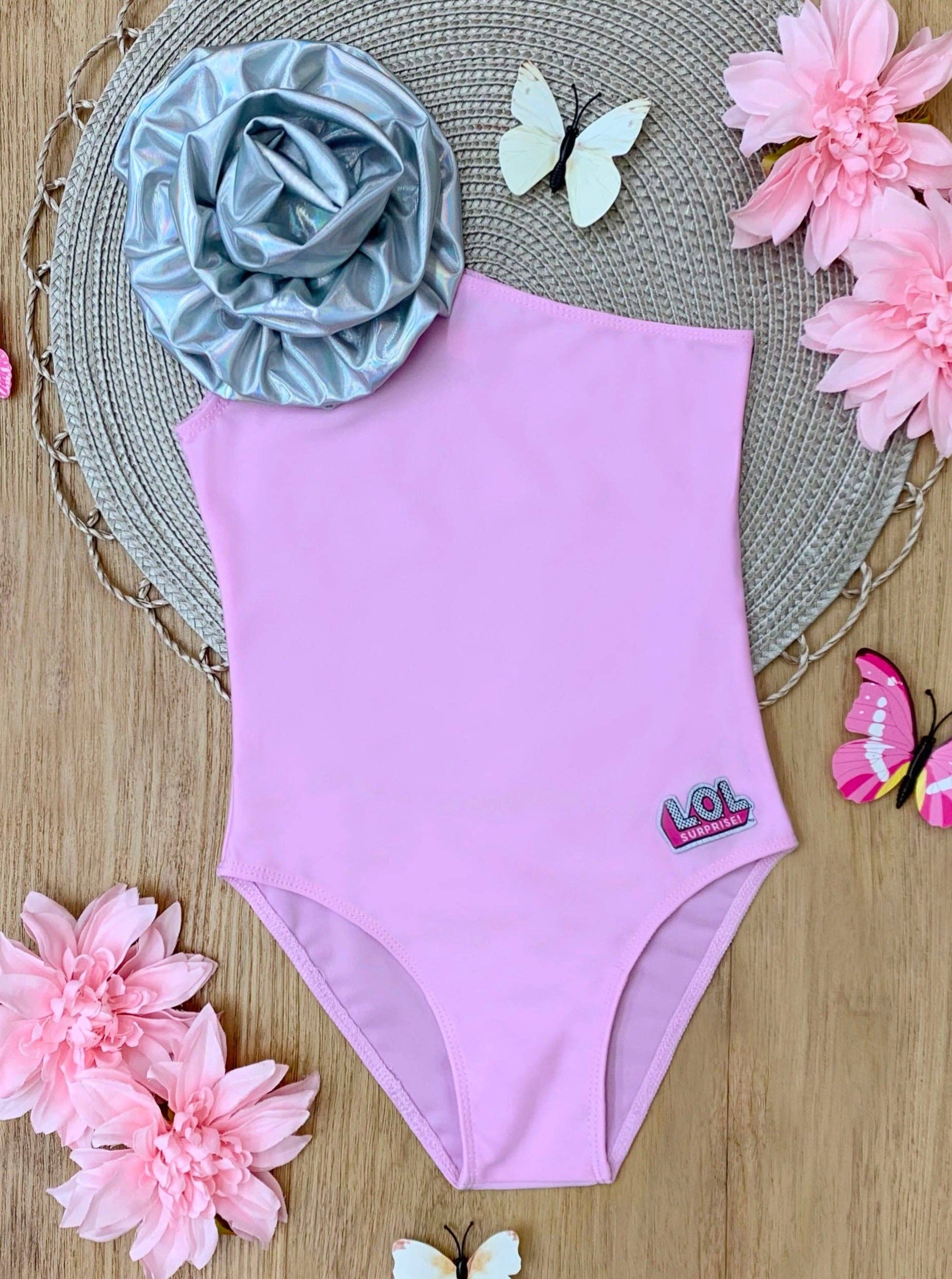 Pink L.O.L. SURPRISE! x Mia Belle Girls Kitty Queen One Shoulder Swimsuit for wholesale on Faire2