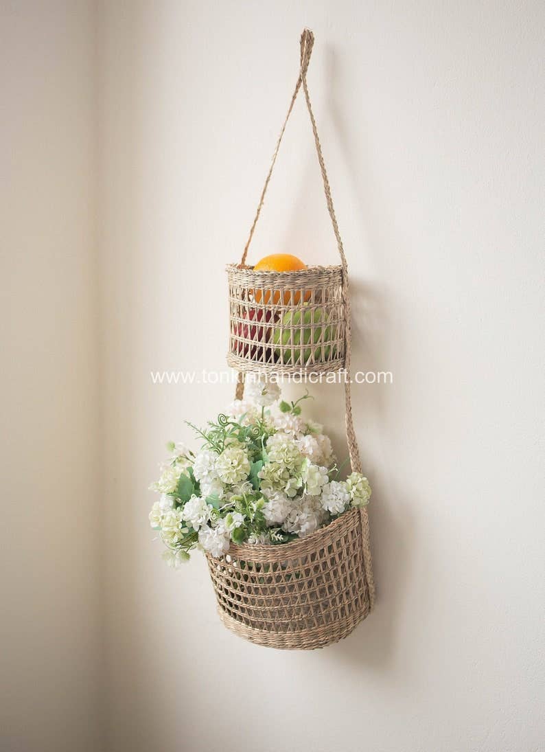 Tonkin Handicraft - Vente Paniers - Corbeille à fruits suspendue à 2 niveaux - Panier demi-lune0