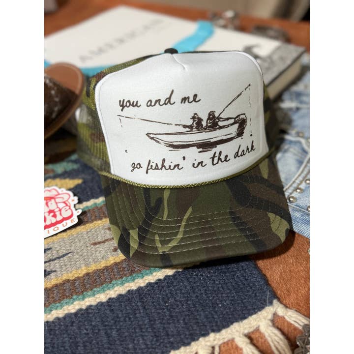Camo White You And Me Go Fishin In The Dark Trucker Hat for wholesale on Faire