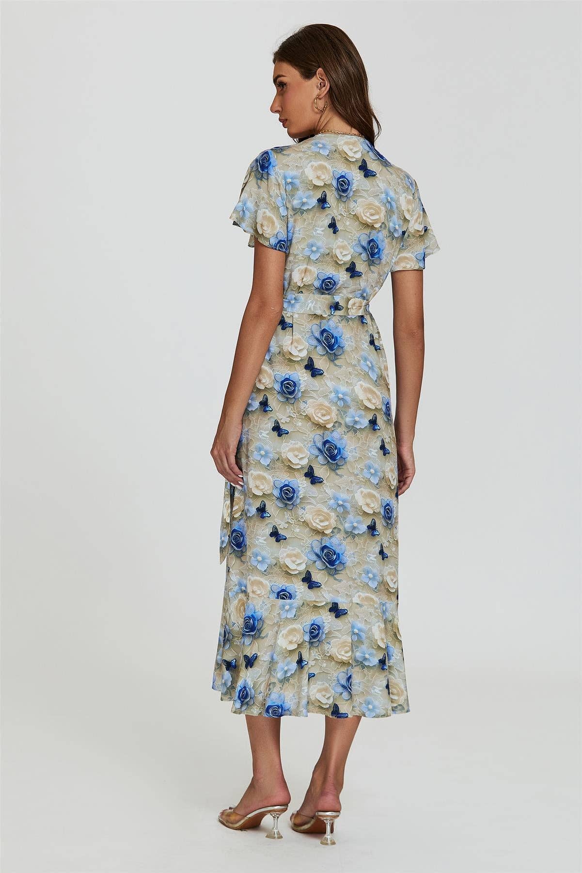 Floral Print Wrap Hem Midi Dress In Beige for wholesale on Faire3