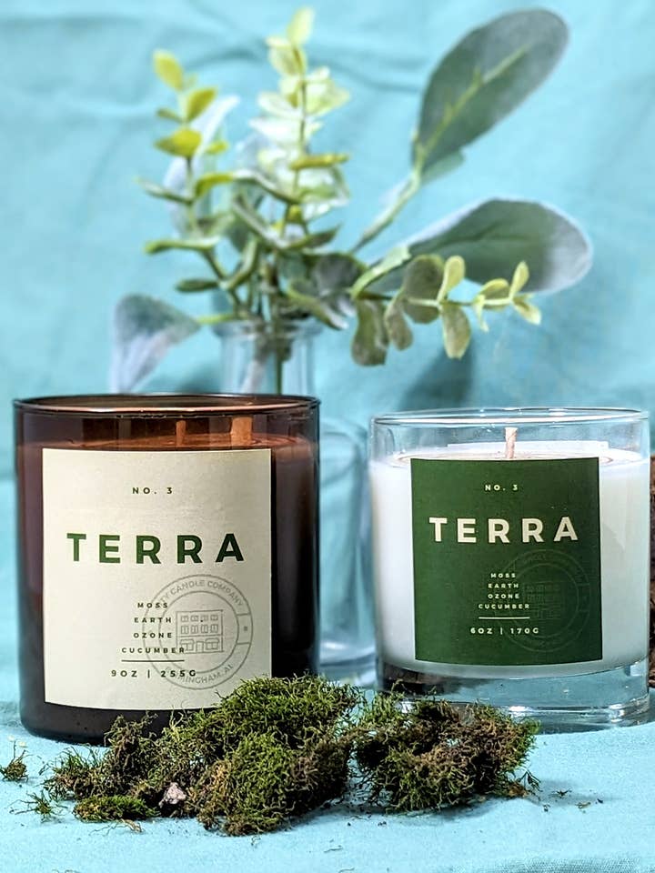 Terra Moss & Cucumber Scented Jar Candle for wholesale by City Candle Company