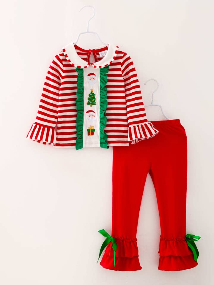 littleoneusa - Wholesale Top & Pant Set - Kids - Christmas Red Stripe Santa Ruffle Girl Pant Set Kids Clothes