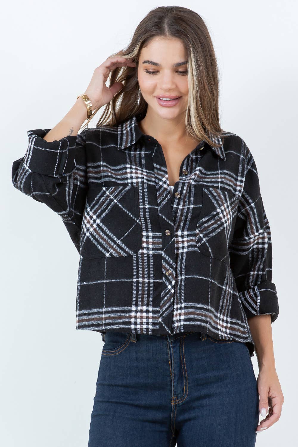 Veracci - Wholesale Button Down Shirt - Women's - Boxy Cropped Long Sleeve Plaid Over Shirt6