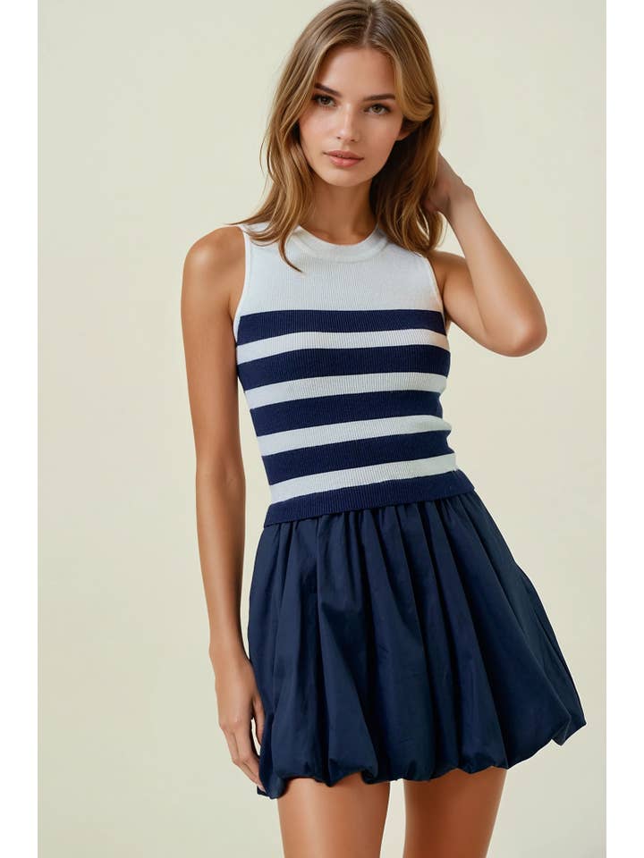 Doe and Rae - Wholesale Dress - Women's - STRIPED KNIT BUBBLE HEM MIX MINI DRESS - 28225D6