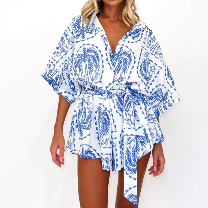 Waist-cinched lace-up V-neck geometric jumpsuit for wholesale by Lily Clothing