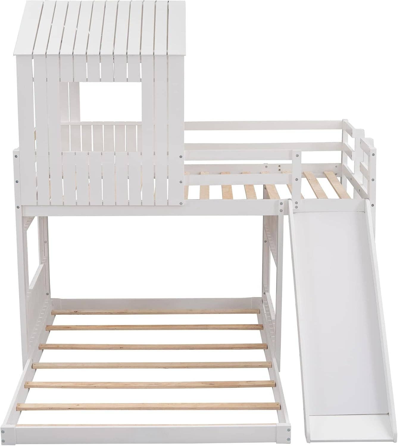 Twin Over Full Bunk Bed With Slide With Guardrails White for wholesale on Faire2