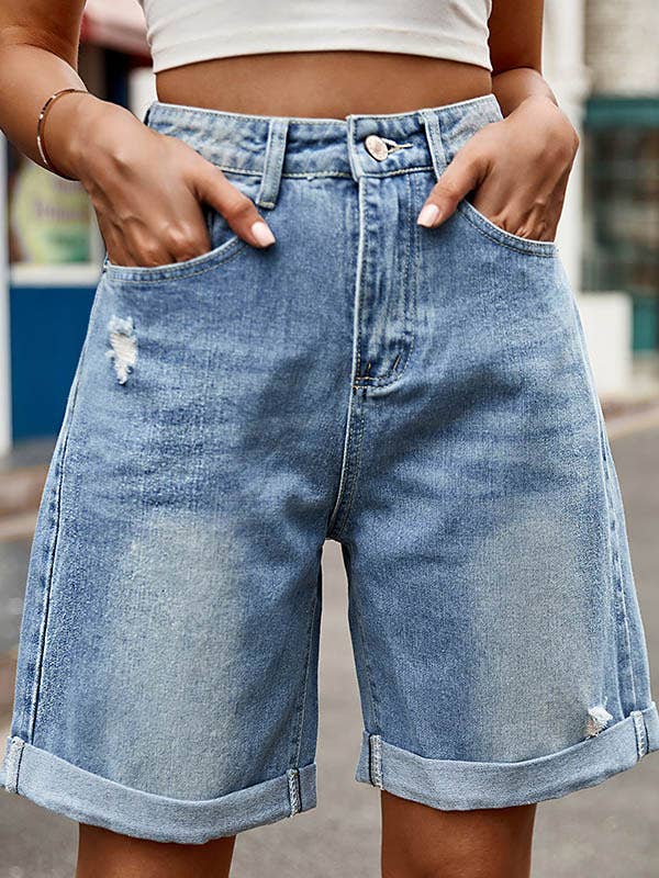 VividLux - Wholesale Shorts - Women's - High Waisted Loose Buttoned Pockets Jean Pants Bottoms Shorts Bottoms