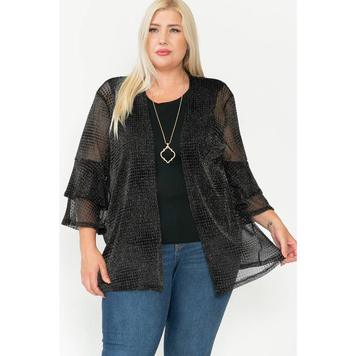 Story Teller - Wholesale Cardigan - Women's - Plus Size Shimmer Sheer Ruffle Open Front Mesh Cardigan