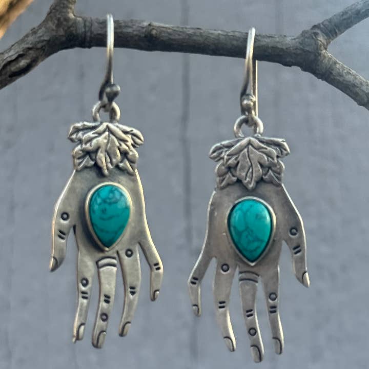 Lungta Imports - Wholesale Dangle Earrings - Hand Crafted Silver Hand Earrings Bohemian Hippie