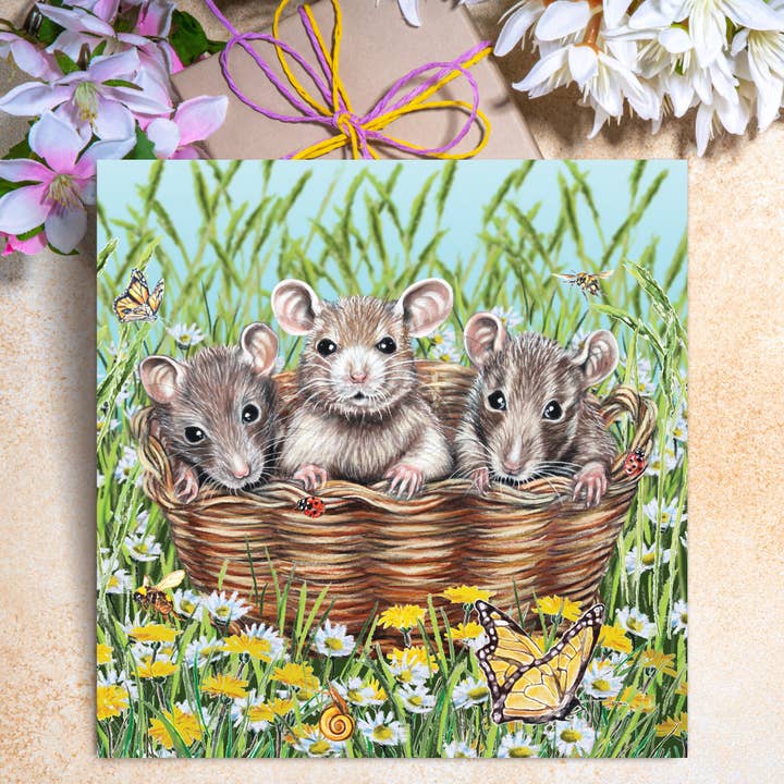Carte de vœux Trois Souris dans un Panier pour la vente par Irisha's Card Art