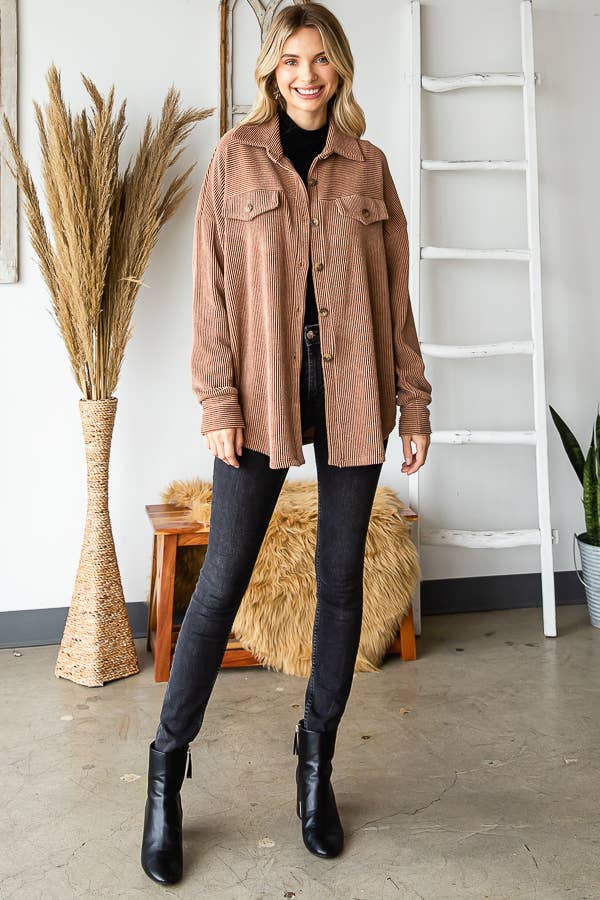 7th Ray - Wholesale Button Down Shirt - Women's - Rib Drop Shoulder Patch Pockets Button Down Shacket T48063