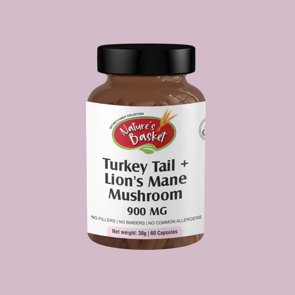 Natures Basket – wholesale Oralt tillskott/Vitamin – Turkey Tail + Lion’s Mane Svampkapslar – 450 mg | 60 kapslar | Natures Basket