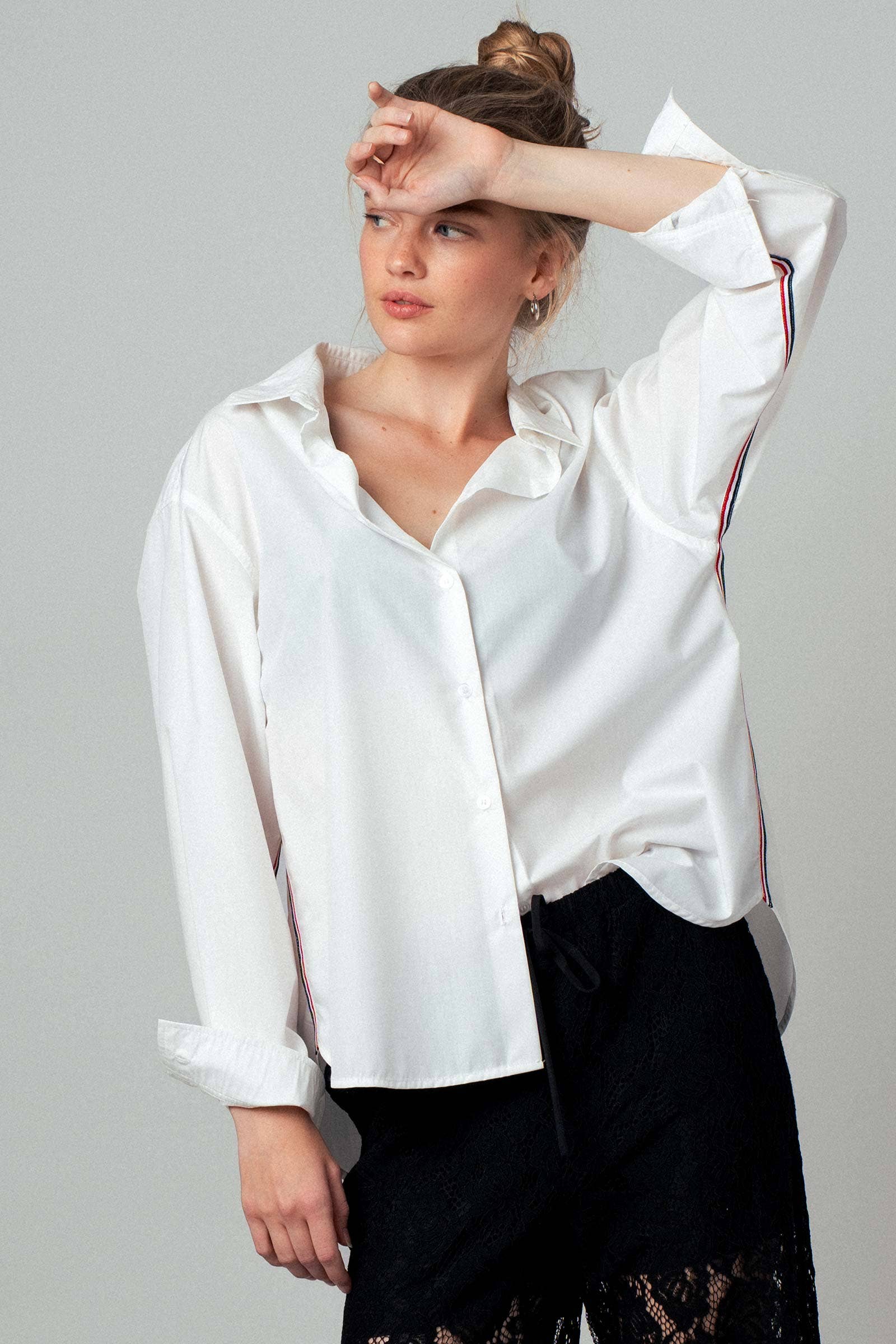 Urban Daizy - Wholesale Button Down Shirt - Women's - Striped Twill Tape Detail Statement Button Shirt8