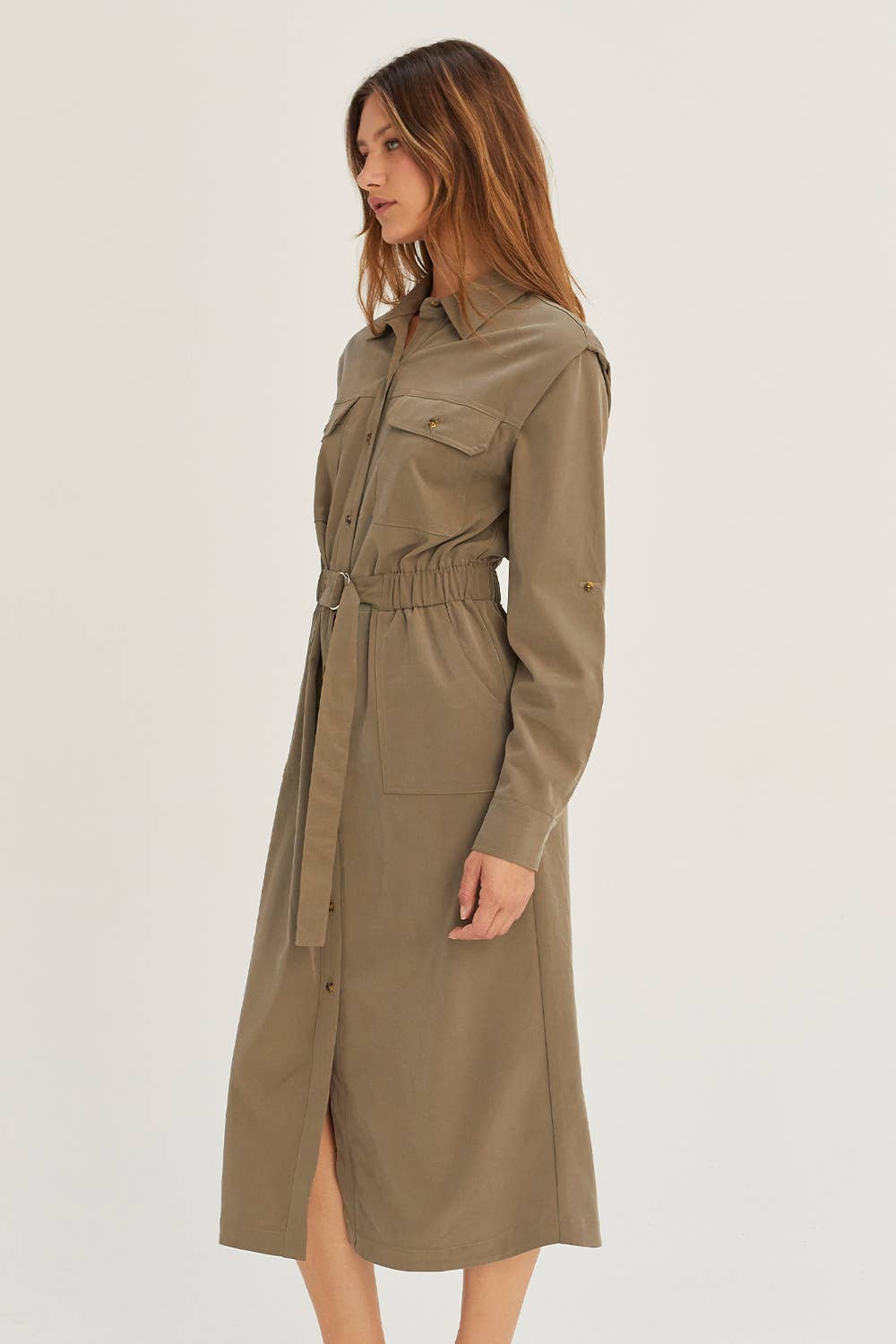 OLIVE CD8031 - Kayla Button Up Utility Midi dress for wholesale on Faire4