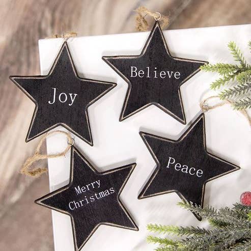 Col House Designs - Wholesale Ornament Set - Black Star Christmas Words Ornament, 4 Assorted