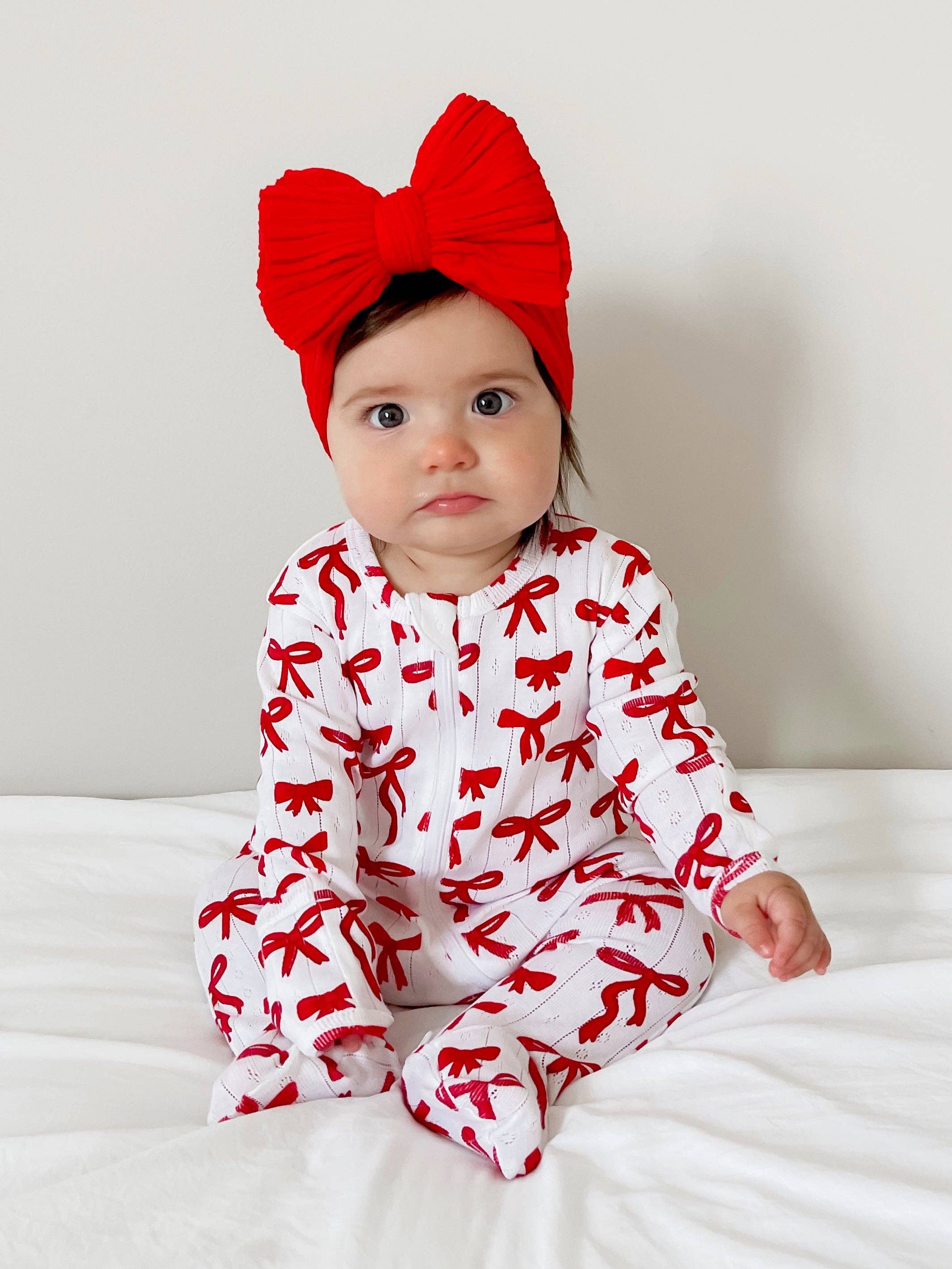 SIIX Collection - Wholesale Jumpsuit - Baby - Red Bows / Organic Pointelle 2-Way Zip Footie4