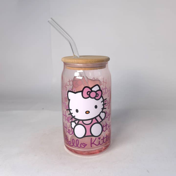 Silver Buffalo - Wholesale Drinking Glass/Cup - Hello Kitty Gradient 16oz Glass Tumbler w Bamboo Lid