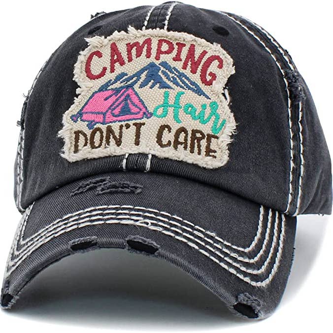 Funky Junque - Wholesale Baseball Cap - Unisex - Vintage Patch Hat - Camping hair don’t care w/ tent (Black)