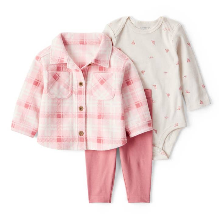 Three-piece set with pink checkered cardigan, bodysuit, and pants for wholesale by Nenina & Co