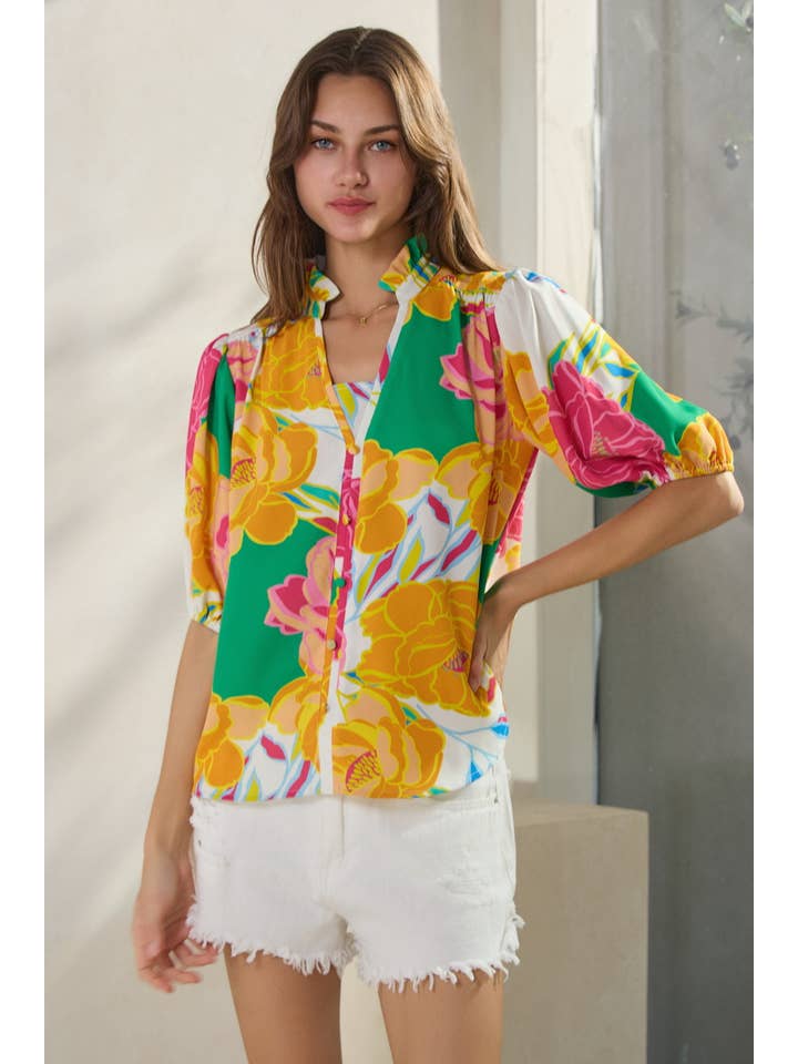 Oddi - Vente Chemise à col boutonné – femme - Blouse Imprimée Florale1