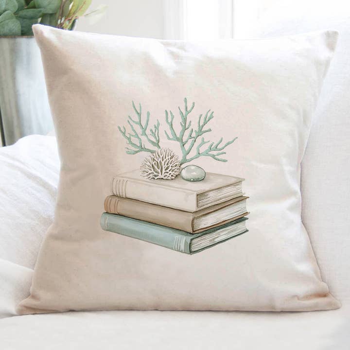Pile de Livres Côtière - Coussin Carré Personnalisable en Toile pour la vente par Cottage Shore
