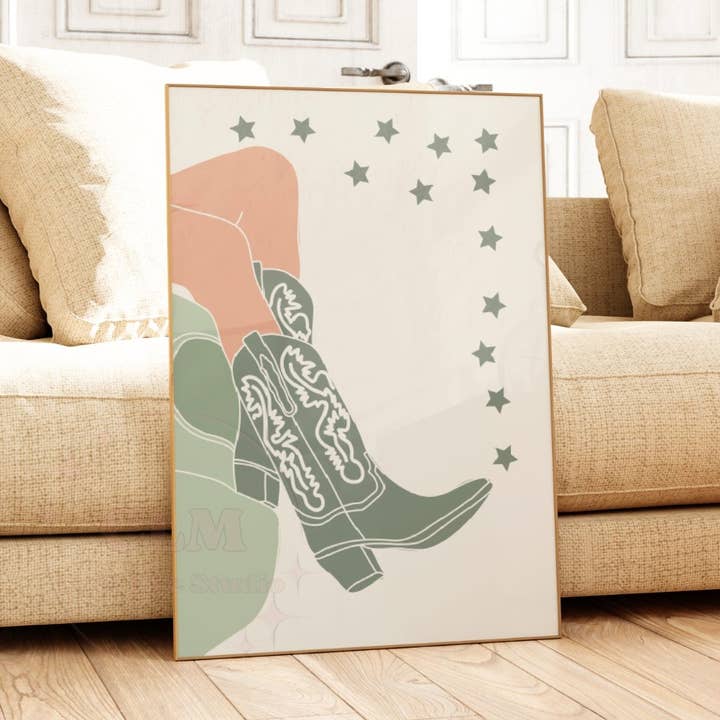 Sage Green Cowboy Boot Wall Art Coastal Cowgirl Prints for wholesale by CLM Creative Studio