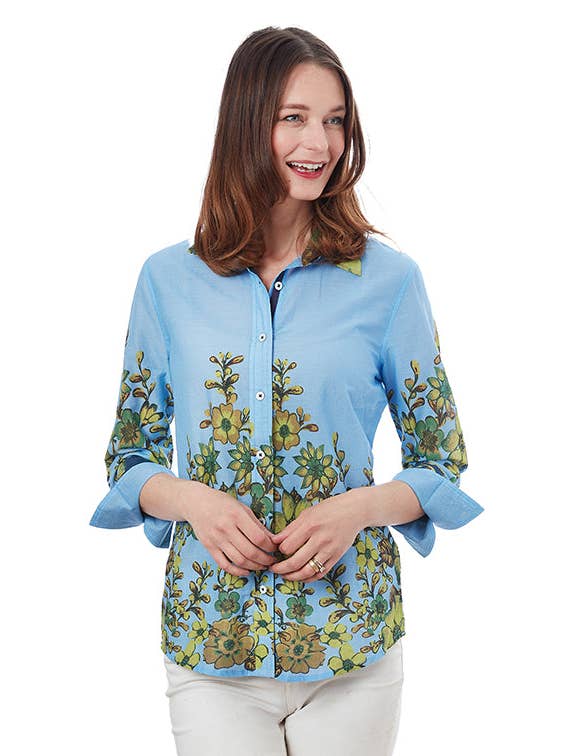 Dizzy-Lizzie - Vente Chemise à col boutonné – femme - Chemise Rome à manches 3/4 bleu clair et feuilles4