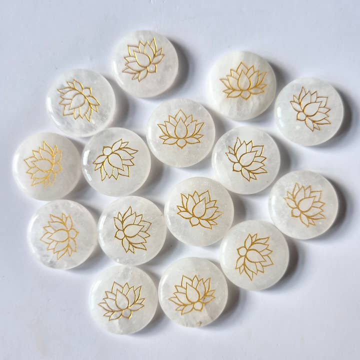 Moonlight Gemstones - Wholesale Spiritual Stone/Crystal - Gemstone Rock Crystal disc 2.5cm with Lotus symbol – Pocket stone worry stone1