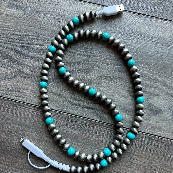 JILLIAN INK LLC - Wholesale Charging Cable - Turquoise Beaded Phone Charger with Lightning & USB-C