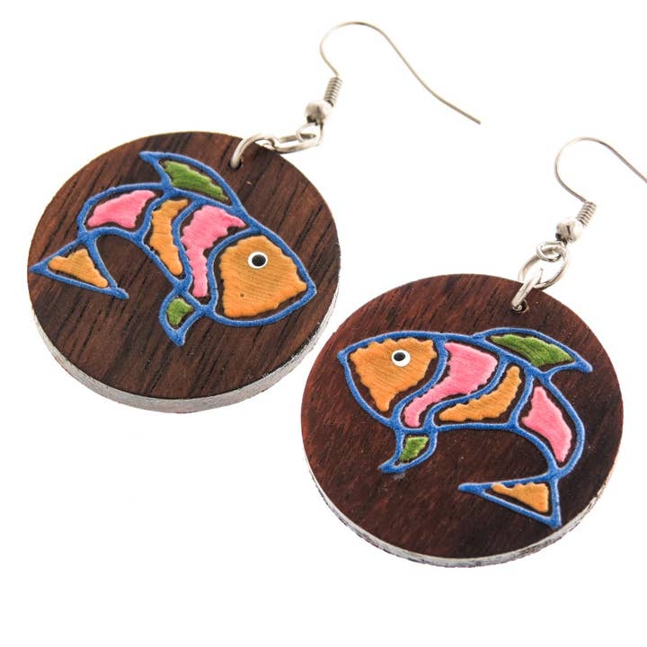 FifiRose - Wholesale Dangle Earrings - exotic hand painted fish round natural wood earrings, 1 1/4"1