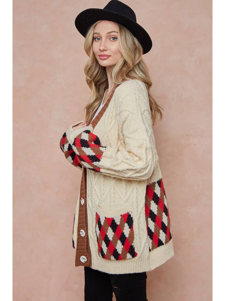 BNS - Vente Cardigan – femme - Cardigan en tricot à poches à motifs Argyle Beige