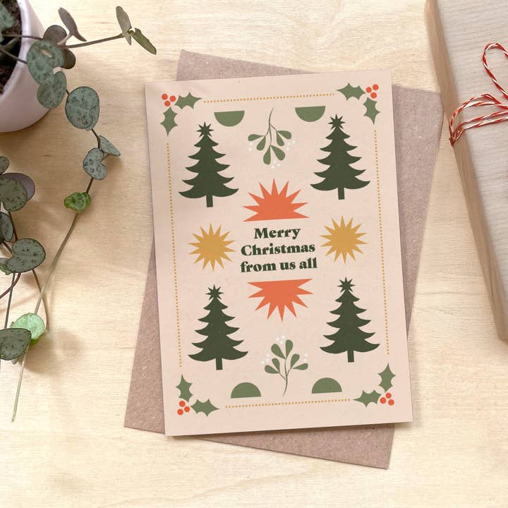 Merry Christmas From All of Us Recycled Coffee Cup Christmas Card for wholesale by Coffee Cup Cards
