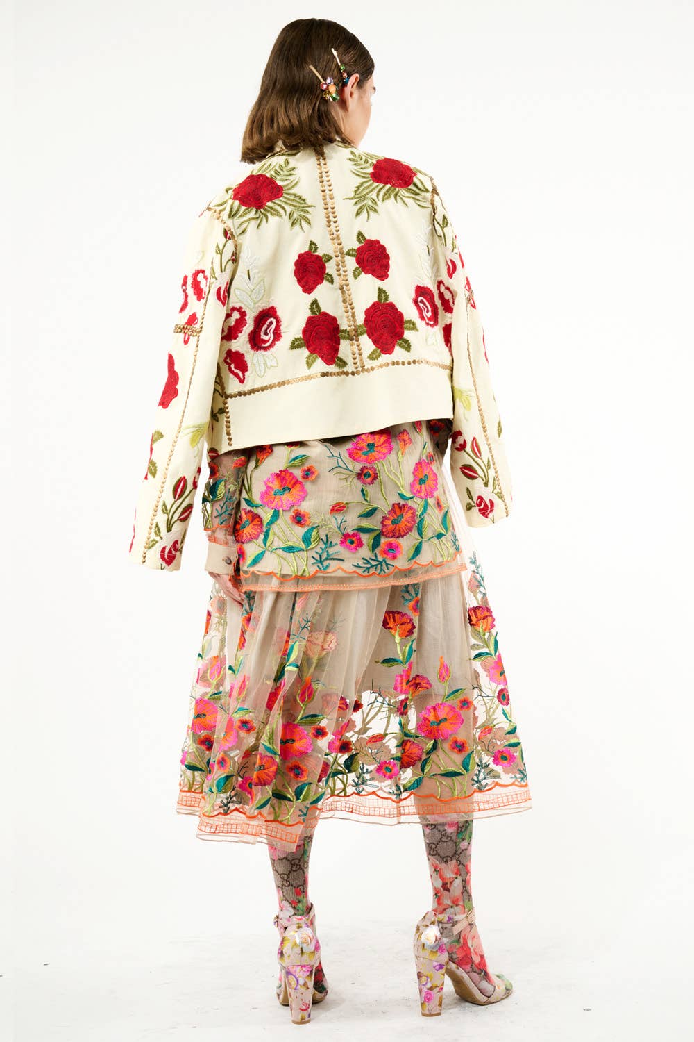 Blu Denim Camicia vintage con ricamo floreale di tulipani in vendita all'ingrosso su Faire42