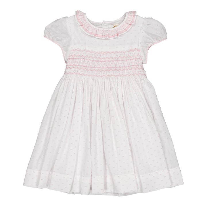 Hars, smocksyet kjole i hvid voile med lyserødt plumetis for engroshandel hos Kidiwi handmade