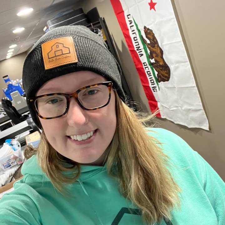 Beanie Hat with Engraved Leather Patch for wholesale by Belle Barn Customs