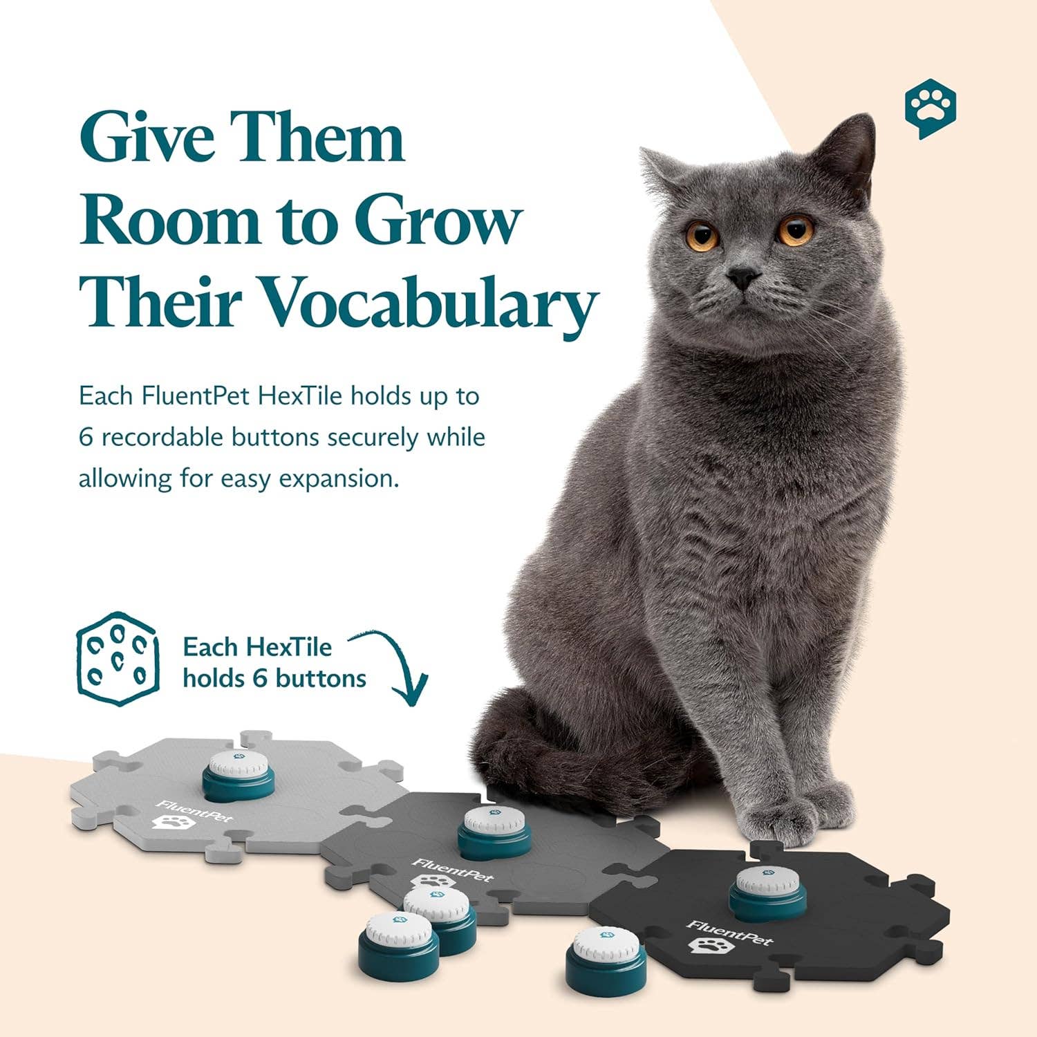 FluentPet – Großhandel Haustierspielzeug – Katze & Hund – Speak Up Get Started Kit Grau - Set aus 6 Knöpfen/3 Hextiles3