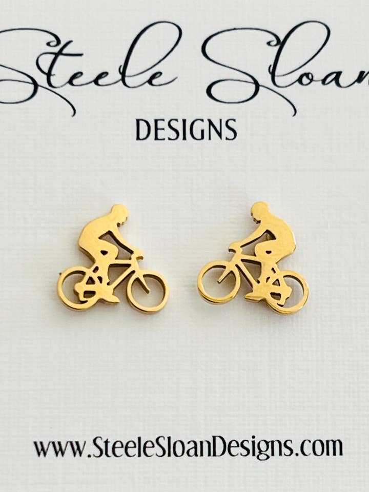 Cyclist Earrings- Gift for Cyclist, Mountain Biking Gift for wholesale by Steele Sloan Designs