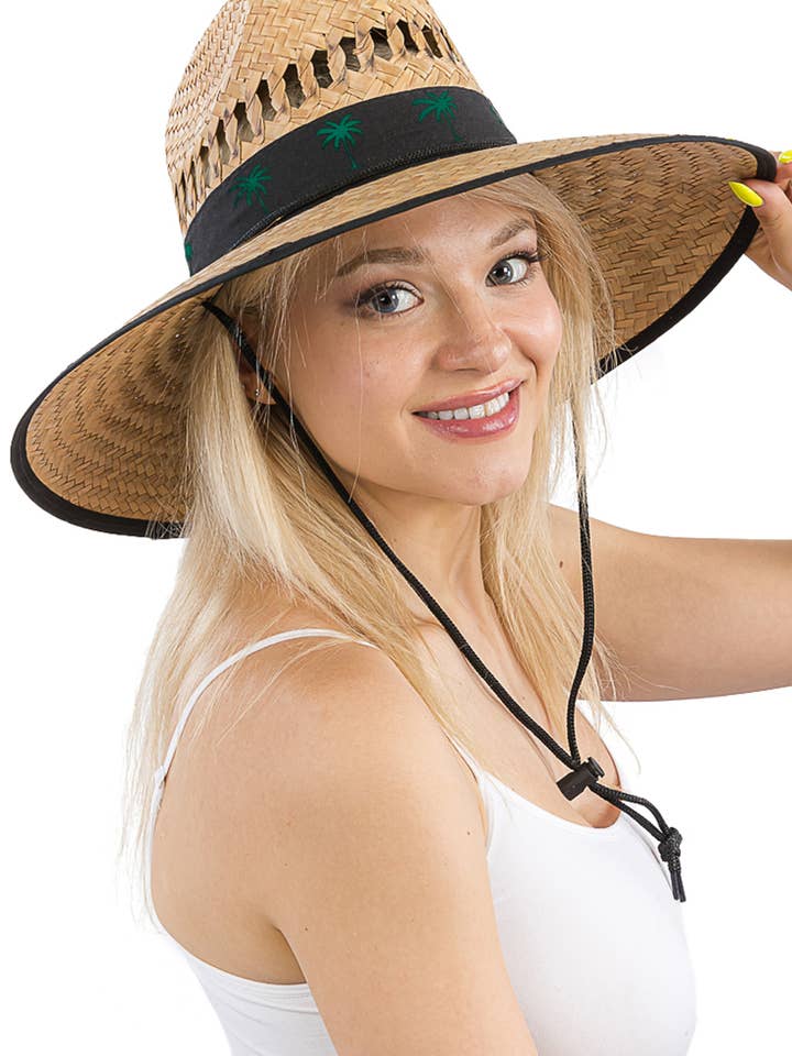 Palm Tree Paradise Band Dome Brim Straw Lifeguard Hat for wholesale by Cap Zone