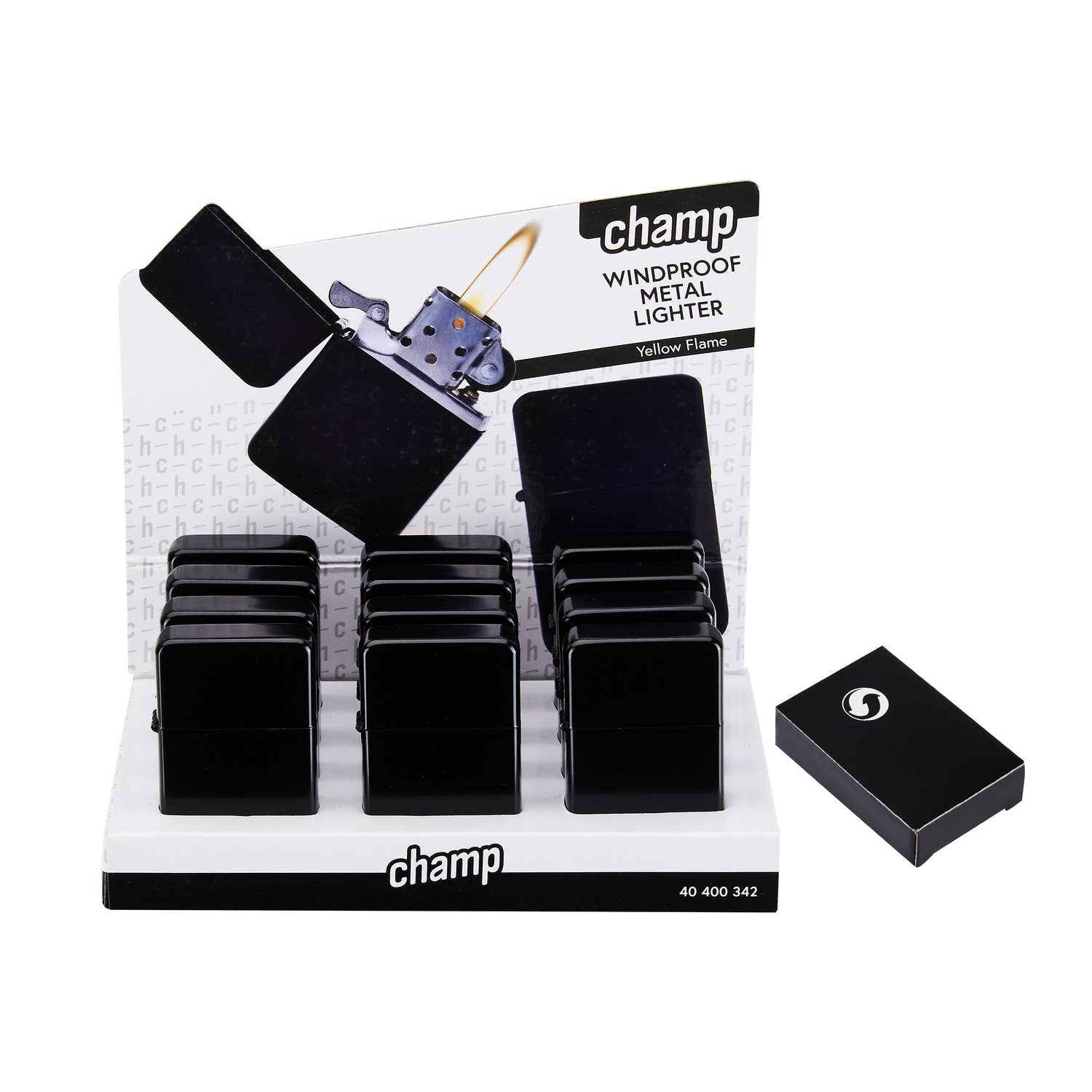 Champ by Polyflame – Großhandel Feuerzeug – Display mit 12 sturmfesten matt schwarzen Steinfeuerzeugen2