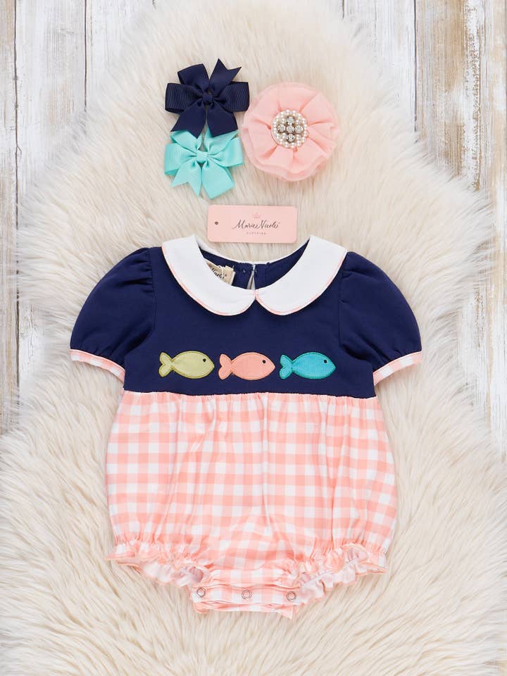 Gingham Embroidered Fish Ruffle Bubble for wholesale by Marie Nicole Clothing