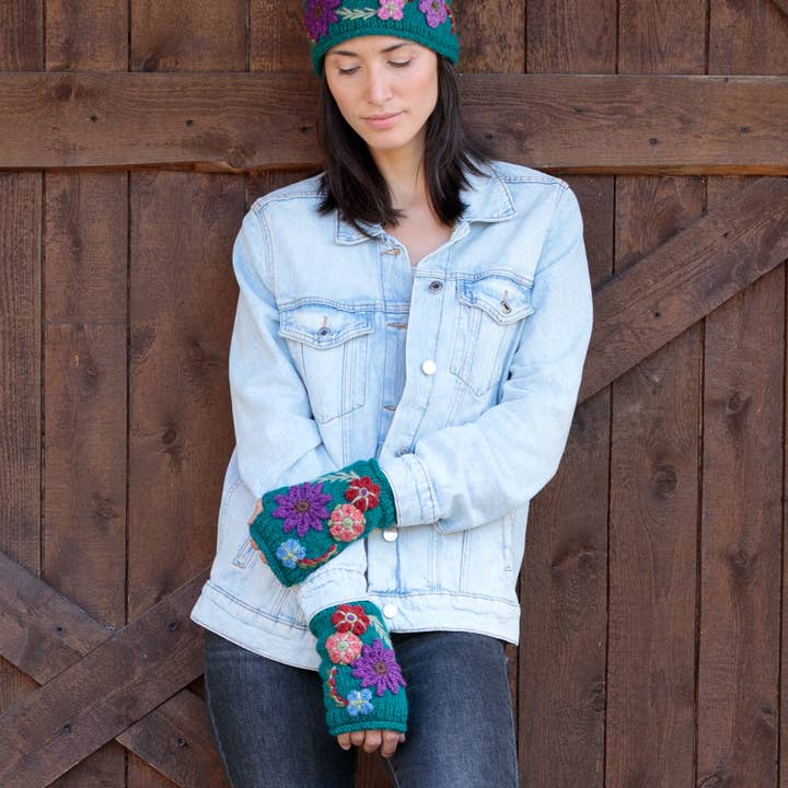 Petite Fleur Wool Knit Embroidered Handwarmers for wholesale by Lost Horizons Knitwear – Ships from USA
