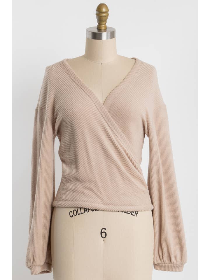 Final Touch – Engroshandel Strikket top - Dame – Børstet Ribbet Surplice Langærmet Top - NT3154119