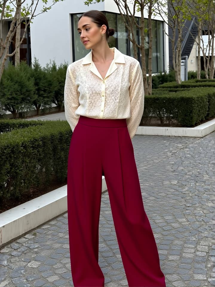 BR55092 PLEATED WIDE LEG MID-RISE WAIST DRESS PANTS for wholesale by Becky Rose