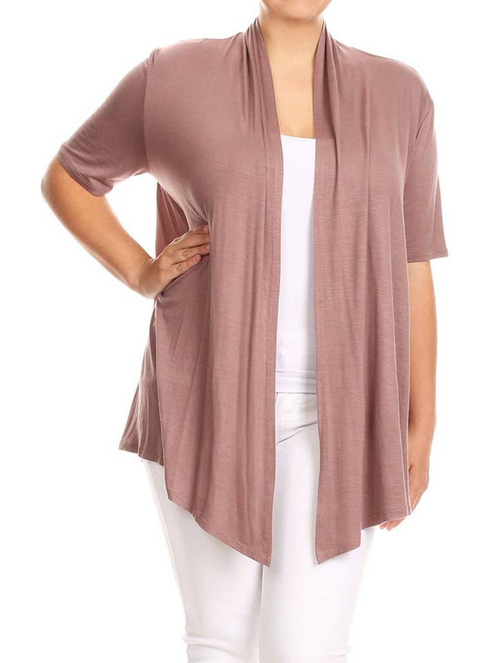 MOA COLLECTION - Wholesale Cardigan - Women's - Women's Plus Size Short Sleeves Draped Solid Cardigan27