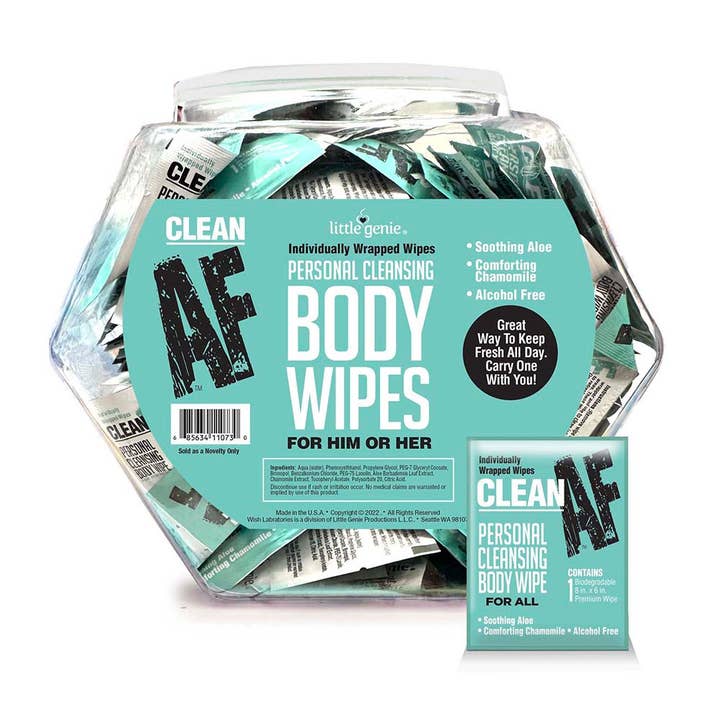 Sexology - Wholesale Face & Body Wipes - Clean AF Individually Wrapped Personal Cleaning Body Wipes 96-Piece Fishbowl Display