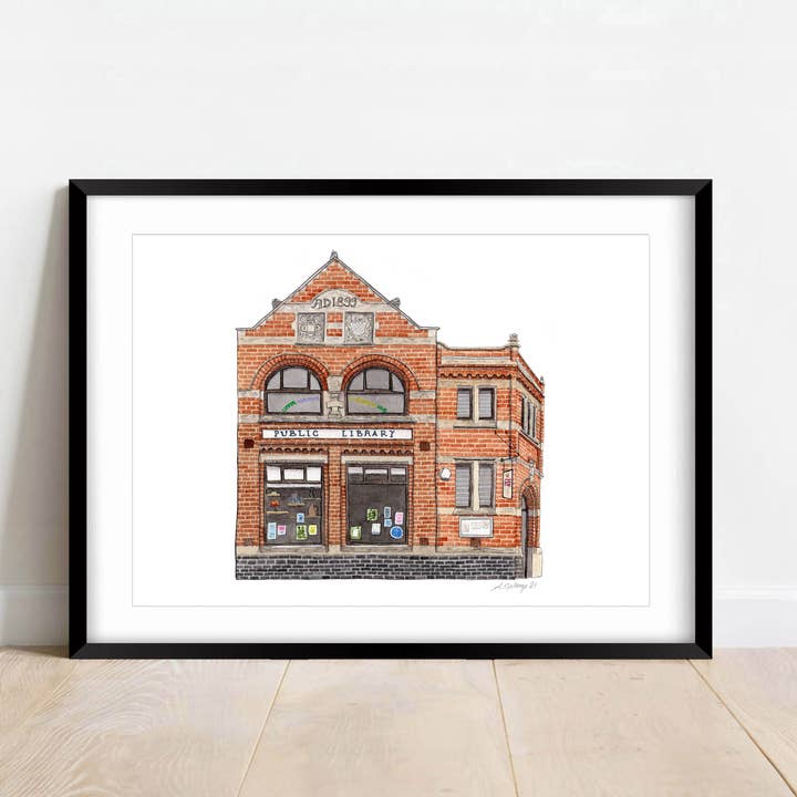 Crystal Palace - Centro della biblioteca di Upper Norwood - Stampa giclée (u) per la vendita all'ingrosso da parte di Ana Gallego Illustrations