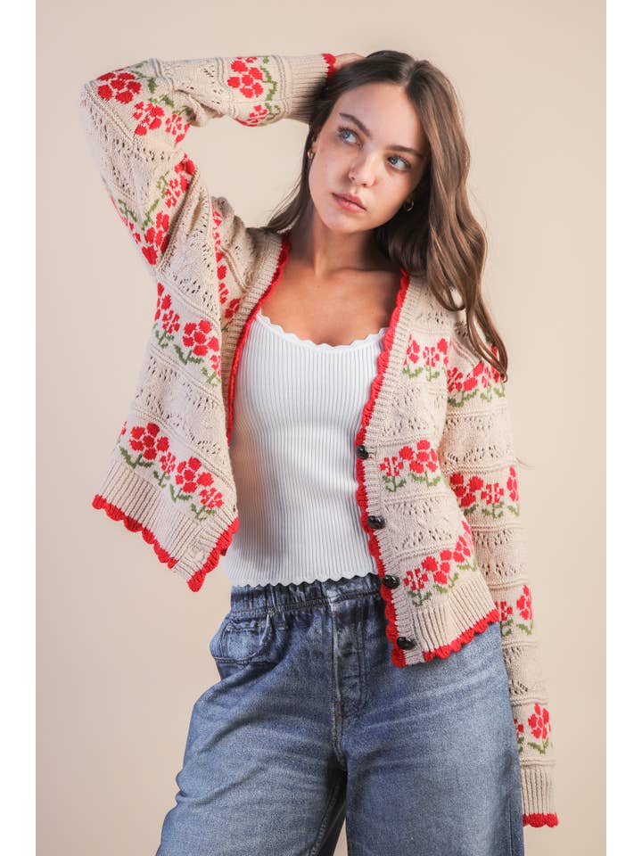 VERY J - Wholesale Cardigan - Women's - 12W3524N-Floral Graphic Detail Knit Sweater Cardigan13