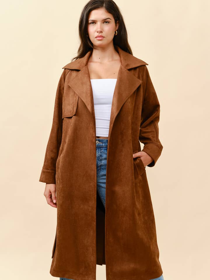 Faux suede trench coat for wholesale by Tea & Cup